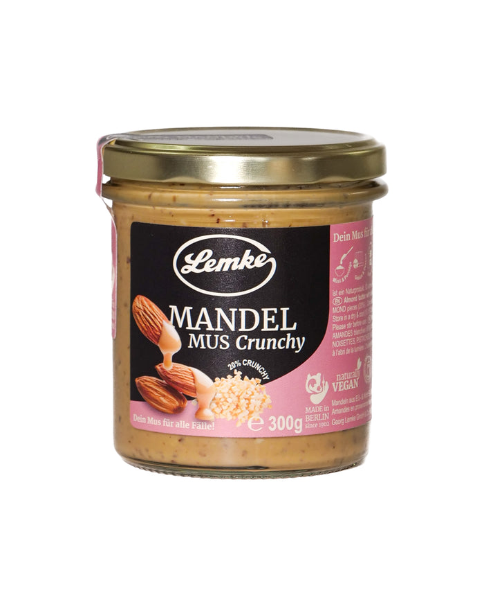 Lemke Mandelmus Crunchy 300 g Glas von vorne auf weißem Hintergrund