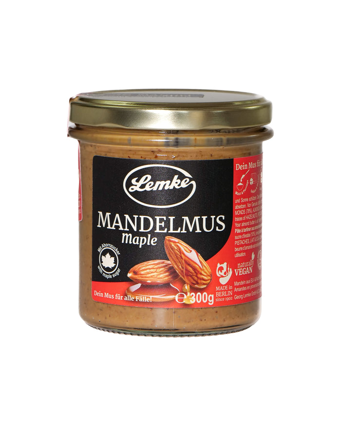 Lemke Mandelmus Maple 300 g Glas mit Produktetikett auf weißem Hintergrund