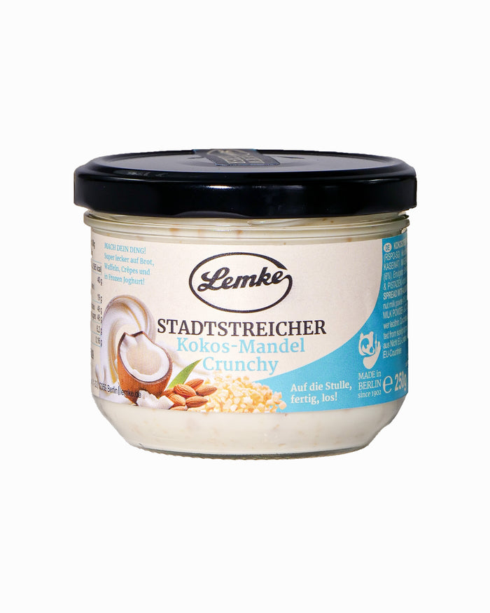 Lemke Stadtstreicher Kokos-Mandel Crunchy spread jar 250g on a white background