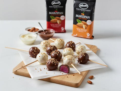 Orange und Cherry Marzipan Pops