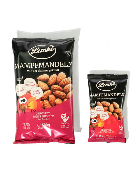 Lemke Mampfmandeln in 500g und 50g Beuteln, geröstete Mandeln als Snack