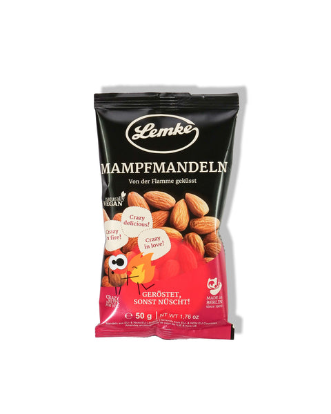 Lemke Mampfmandeln 50g Packung mit gerösteten Mandeln, Frontansicht