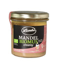 Lemke Mandel Biomus creamy 300 g Glas mit Produktetikett auf weißem Hintergrund