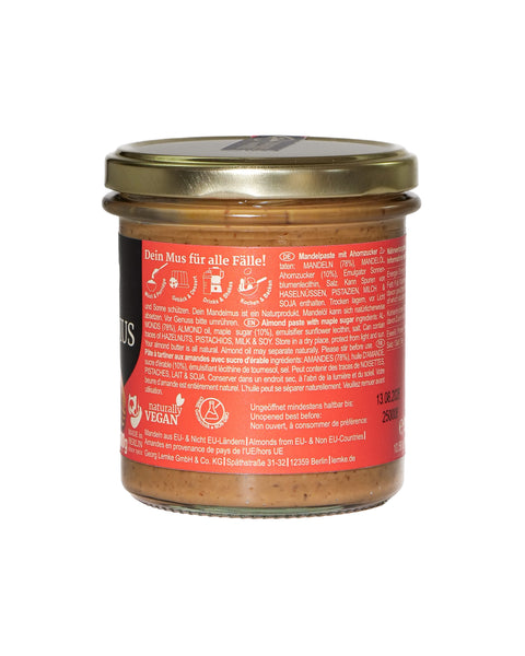 Seitenansicht des Lemke Mandelmus Maple 300 g Glases mit Zutatenangaben