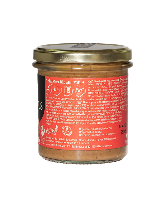 Seitenansicht des Lemke Mandelmus Maple 300 g Glases mit Zutatenangaben