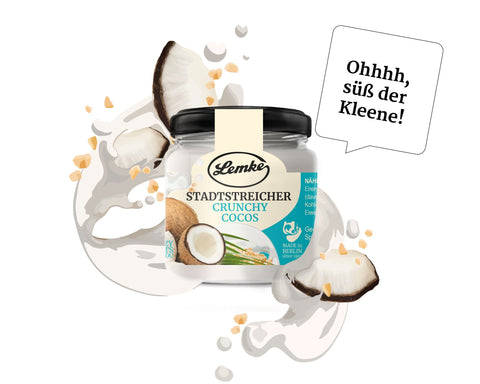 Lemke mini Stadtstreicher Crunchy Cocos spread jar with coconut decoration on a white background