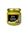 Lemke Pistazien Maple Mus 180g jar with pistachio spread and maple sugar on white background
