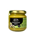Lemke Pistazien Mus 180g jar, 100% pure pistachio butter spread on white background
