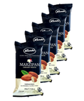 Lemke Marzipan Creamy White 200g packs with almonds, arranged diagonally on a white background