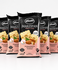 Lemke Marzipan Simply Pure 5er Pack mit fünf 200-g-Packungen, 54 % Mandeln, vegan, auf weißem Hintergrund.