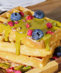 Fresh waffles with Lemke pistachio butter, blueberries, pistachios and raspberry pieces